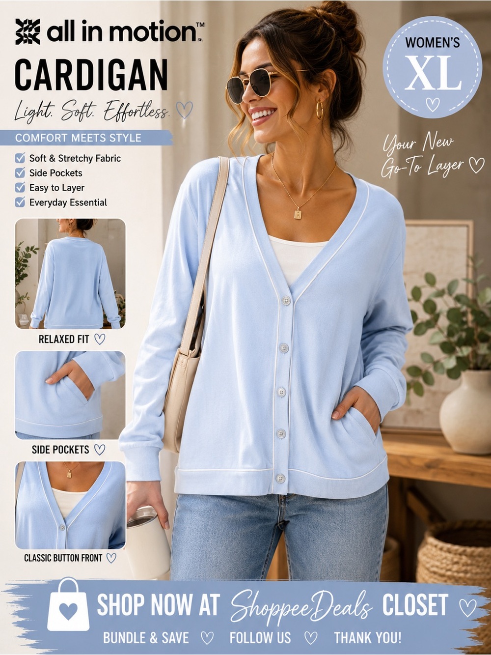 All in Motion Light Blue Button-Front Cardigan – Women’s XL